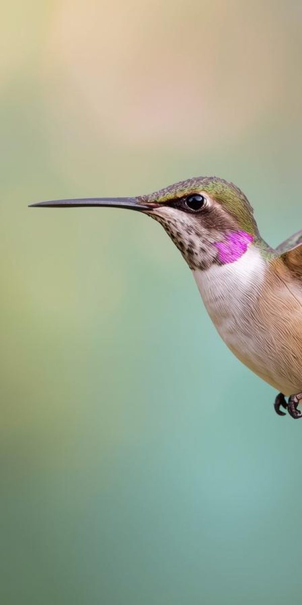 crea una imagen de un colibri volando en tonos pasteles